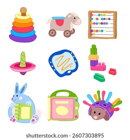 educational toy set cartoon. play reading, math science, writing creativity educational toy sign. isolated symbol vector illustration