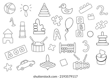 Educational toys. Children's toys for preschool children in the doodle style. A set of vector illustrations on a white background.