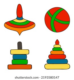 Educational toys. Children's toys for preschool children in the doodle style. A set of vector illustrations on a white background.