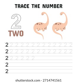 Hoja de trabajo de rastreo educativo para que los niños practiquen la escritura del número 2 con Dinosaurio