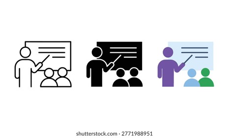 Educational training session collection, flat and linear office symbols, lecturing, schooling, tutoring, coaching, and workshops.