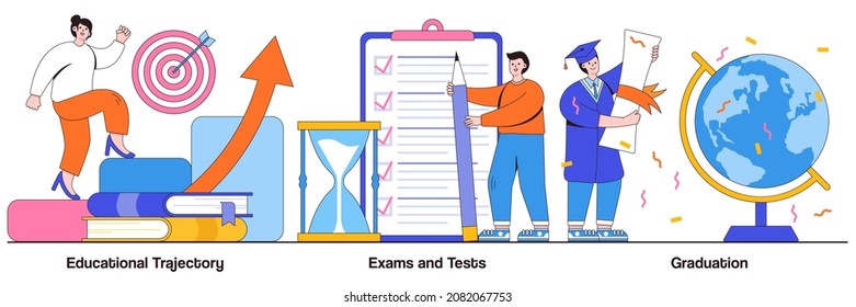 Educational Trajectory, Exams And Tests, Graduation Concept With Tiny People. Personal Growth Abstract Vector Illustration Set. Knowledge Check, Academic Certificate Metaphor.