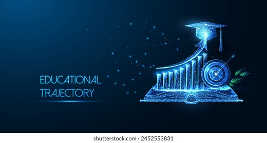 Educational trajectory, successful education journey, academic achievment and growth futuristic concept in glowing low polygonal style on blue background. Modern abstract design vector illustration