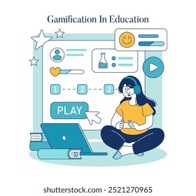 Concepto de tendencias educativas. La gamificación en el aprendizaje se muestra a través de una interfaz digital lúdica y un estudiante comprometido. Herramientas interactivas de educación en línea. Ilustración vectorial.