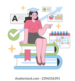 Educational triumph journey. Graduate atop books, showcasing academic progress, exam scores, and monthly achievements. Graduation, analytics, scheduling. Flat vector illustration