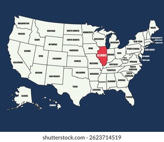 Educational USA map with labeled states, highlighting Illinois in vibrant colors for learning and teaching use