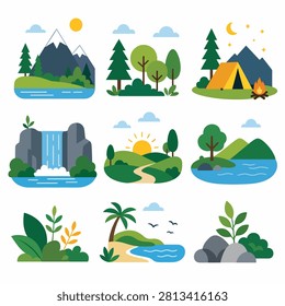 Educational vector art showing diverse ecosystems with animals plants and habitats