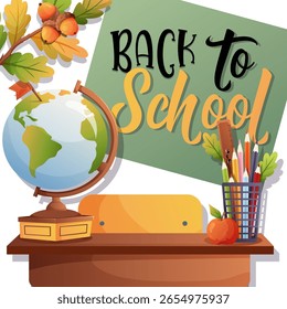 Cartão de vetor educacional com mesa, globo, bolotas e artigos de papelaria. Ótimo para projetos escolares temáticos, materiais impressos, banners e postagens sociais.
