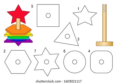 Educational vector coloring book geometric shapes for preschool children. Wooden rainbow pyramid with stringing details in the shape of a star, triangle, square, hexagon to study the shape and color.