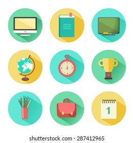 Educational vector icons set in modern flat style with long shadow in stylish colors with teaching and learning symbol and object (globe, desk, bag, calendar, pens, computer, stopwatch etc.) 