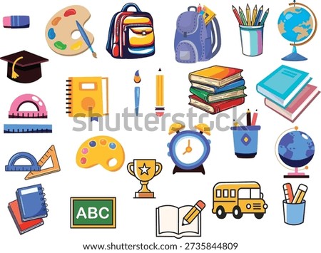 Educational vector icons set with school bus, globe, textbooks, alarm clock and geometry tools