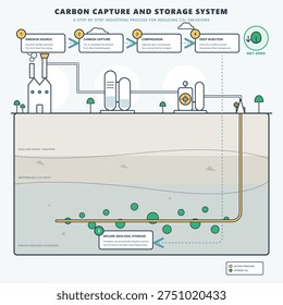 Educational vector illustration of a Carbon Capture and Storage (CCS) system. The flat line-art infographic shows a step-by-step industrial process for reducing CO2 emissions, featuring an emission source factory, carbon capture facility, compression pump, and deep injection into a porous geologic reservoir beneath an impermeable cap rock to achieve net zero