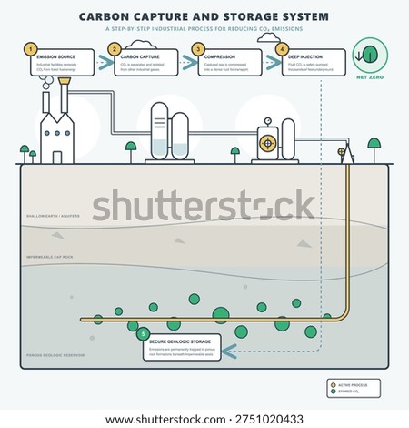 Educational vector illustration of a Carbon Capture and Storage (CCS) system. The flat line-art infographic shows a step-by-step industrial process for reducing CO2 emissions, featuring an emission source factory, carbon capture facility, compression pump, and deep injection into a porous geologic reservoir beneath an impermeable cap rock to achieve net zero
