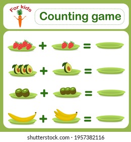 Educational vector illustration. Counting game for preschool children. Educational math game. Count the number of fruits on the plates and write down the result.