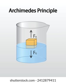Educational vector illustration explaining Archimedes' principle and buoyancy force through fluid density comparison. Ideal for physics lessons, science textbooks, classroom presentations, STEM education, and learning materials.
