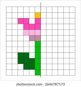 Ilustração vetorial educacional com a imagem de um desenho por quadrados. Desenho com um eixo de simetria. Material educacional para fonoaudiologia. Flor vetorial com eixo de simetria.