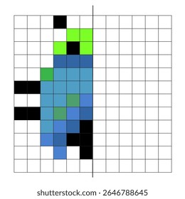 Ilustração vetorial educacional com a imagem de um desenho por quadrados. Desenho com um eixo de simetria. Material educacional para fonoaudiologia. Besouro vetorial ou joaninha com um eixo de simetria.