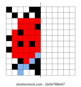 Ilustração vetorial educacional com a imagem de um desenho por quadrados. Desenho com um eixo de simetria. Material educacional para fonoaudiologia. Besouro vetorial ou joaninha com um eixo de simetria.