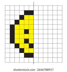 Ilustração vetorial educacional com a imagem de um desenho por quadrados. Desenho com um eixo de simetria. Material educacional para fonoaudiologia. Face vetorial com um eixo de simetria.