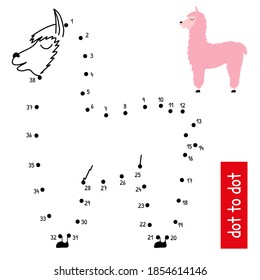 Educational vector illustration of numbers game with cute llama. Connect the dots in order. Coloring book page with color pattern.