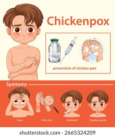 Educational vector illustration showing a child with chickenpox, common symptoms, and prevention methods. Soft colors, clear icons, and labeled sections enhance clarity