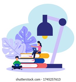 Educational vector illustration. Students get education from a distance. the graphic element in the book is a young woman sitting with a laptop. Stylish flat design for posters, leaflets, cards, web. 