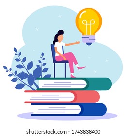 Ilustración del vector educativo. educación. el elemento gráfico del libro es una niña sentada en una silla. Diseño plano y elegante para carteles, folletos, tarjetas, banners web.
