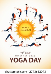 Educational vector infographic showing the 12 steps of Surya Namaskar yoga sequence. Ideal for International Yoga Day, fitness, wellness, meditation, and healthy lifestyle concepts.