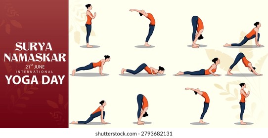Educational vector infographic showing the 12 steps of Surya Namaskar yoga sequence. Ideal for International Yoga Day, fitness, wellness, meditation, and healthy lifestyle concepts.