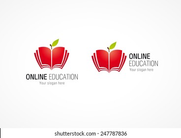 Educational vector logo. Open book in apple shape. Internet school sign. E book, e reader branding computers soft settings or smartphone application icon. Online magazine. Living tree of knowledge.