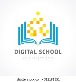 Educational Vector Logo. Open Book And Digital Gold Colored Pixels. Internet Network Online School Icon. Virtual I.q. Learning Or Tests Branding Identity. Bookstore And Literature Brand Sign Template.