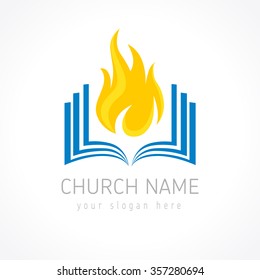 Educational vector logotype. Fiery flaming book logo. Open pages with flames. Learning, teaching or religious pentecost branding identity. Knowledge is power, IQ template. E-book, e-reader i.q. idea.