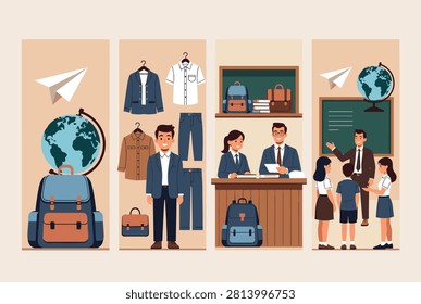 Educational vector panels showing school uniform options, student consultation at desk, and teacher explaining on blackboard.