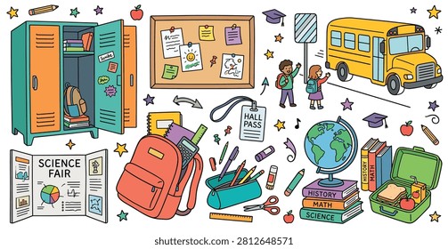 Educational vector scene with lockers backpack school bus teacher board and learning supplies for creative projects.