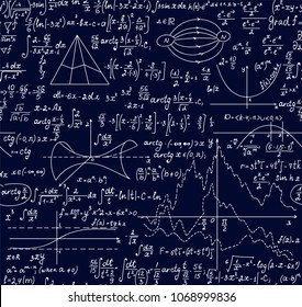 Educational vector seamless background with handwritten math formulas, plots and calculations