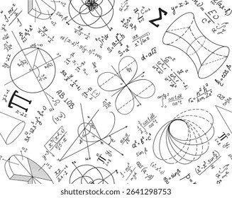 Educational vector seamless background with handwritten scientific math and physics calculations, formulas and equations