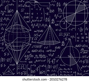 Educational vector seamless pattern with handwritten math formulas on a blue backgrround