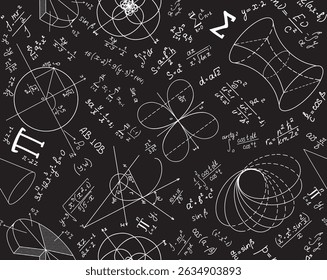 Educational vector seamless texture with handwritten scientific math and physics formulas, equations and geometry figures