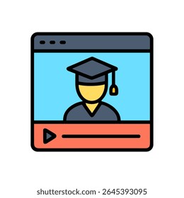 Educational video features graduating student. Icon symbol illustration