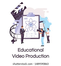 Educational video production flat concept icon. Tutorial, science lecture shooting sticker, clipart. Elearning, video streaming and blogging. Isolated cartoon illustration on white background