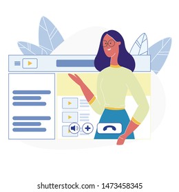 Educational Video Tutorial Vector Illustration. Webinar, Internet Conference Female Tutor. Distance University Lesson, Online Courses, E learning. Attractive Teacher in Glasses Flat Character