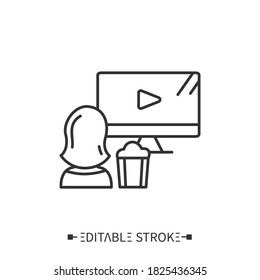 Icono de la línea de observación de vídeo educativo. Autoeducación. Métodos de aprendizaje de idiomas extranjeros y concepto de educación de traducción. Ilustración vectorial aislada. Trazo editable
