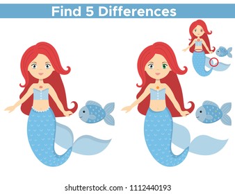 Educational visual game for children. Cartoon mermaid with her pet fish. Find five differences. Vector illustration.