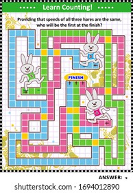 Educational visual math puzzle and word problem for kids and adults: Providing that speeds of all three hares are the same, who will be the first at the finish? Answer included.