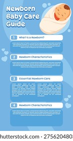 An educational visual resource detailing essential care practices and key characteristics for ensuring the healthy development and well-being of newborn infants