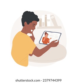 Educational vlog isolated cartoon vector illustration. Young man obtaining information watching how-to vlog, looking at tablet screen, online education, getting new knowledge vector cartoon.