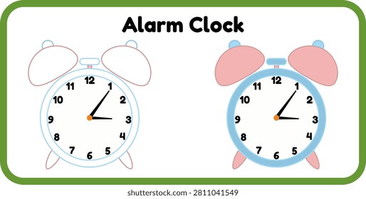 Educational vocabulary coloring page worksheet featuring a cute twin-bell alarm clock illustration. Includes a colored reference guide side-by-side with a blank outline version for toddlers, preschool, and kindergarten kids learning activities about telling time. Vector illustration.
