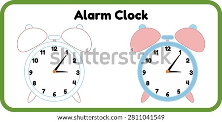 Educational vocabulary coloring page worksheet featuring a cute twin-bell alarm clock illustration. Includes a colored reference guide side-by-side with a blank outline version for toddlers, preschool, and kindergarten kids learning activities about telling time. Vector illustration.
