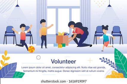 Educational Volunteering, Kindergarten Teaching Assistant Volunteer Work Trendy Flat Vector Banner, Poster Template. Female Volunteer, Pedagog, Teacher Playing with Children in Classroom Illustration