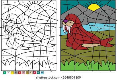 Jogo educacional Walrus Color by Number para crianças: Uma ilustração divertida de um animal ártico, perfeito para aprender cores e números em uma atividade lúdica.